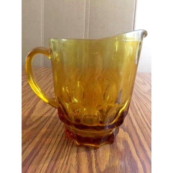 Vintage Glass Pitcher Amber 7” Mid Century Modern 1 1/2 Quarts Large Thumbprint - Picture 1 of 11